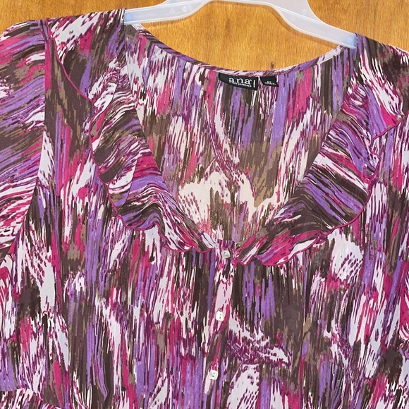•A.N.A•PINK/BROWN/PURPLE ABSTRACT PRINTED SHEER RUFFLE NECK BUTTON UP BLOUSE 3X - Picture 6 of 11